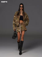 SMFK Camouflage Zip Up Cropped Jacket in Beige - On Female Model