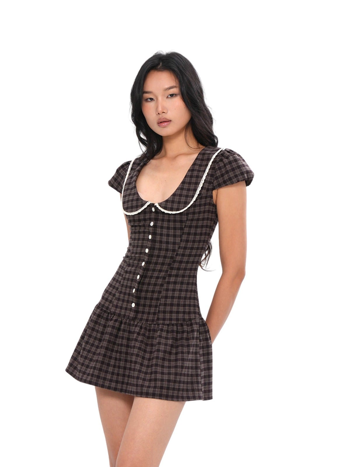 SweetChilling Plaid Collared Mini Dress in Brown - On Female Model