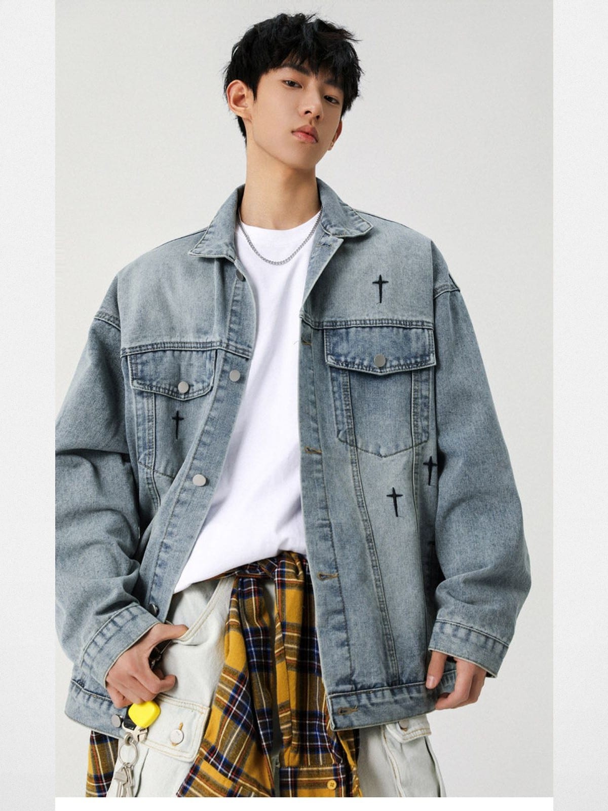 MASONPRINCE Star Embroidery Denim Jacket in Denim - On Male Model