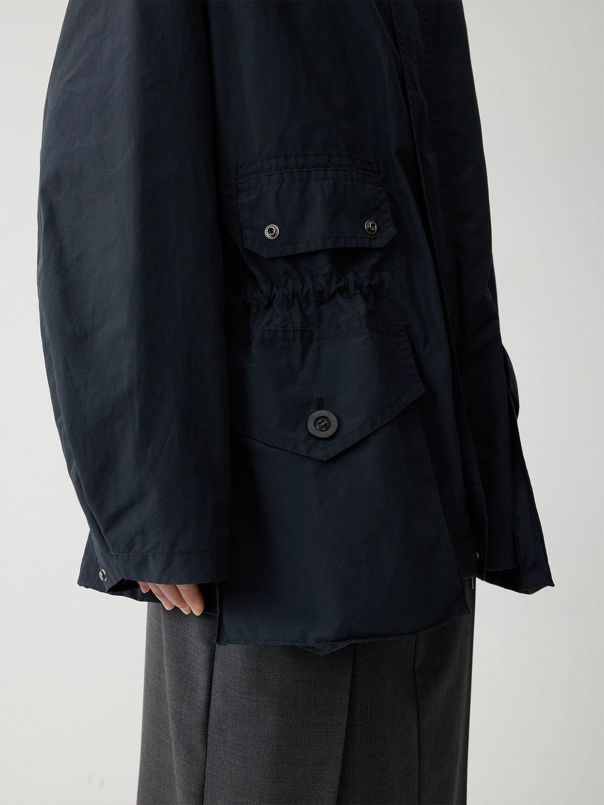 Random Piece Cotton Blend Drawstring Cargo Jacket in Navy Blue - On Model