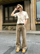 VLABMADE Resin Crinkled Micro Flare Jeans in Beige - On Male Model