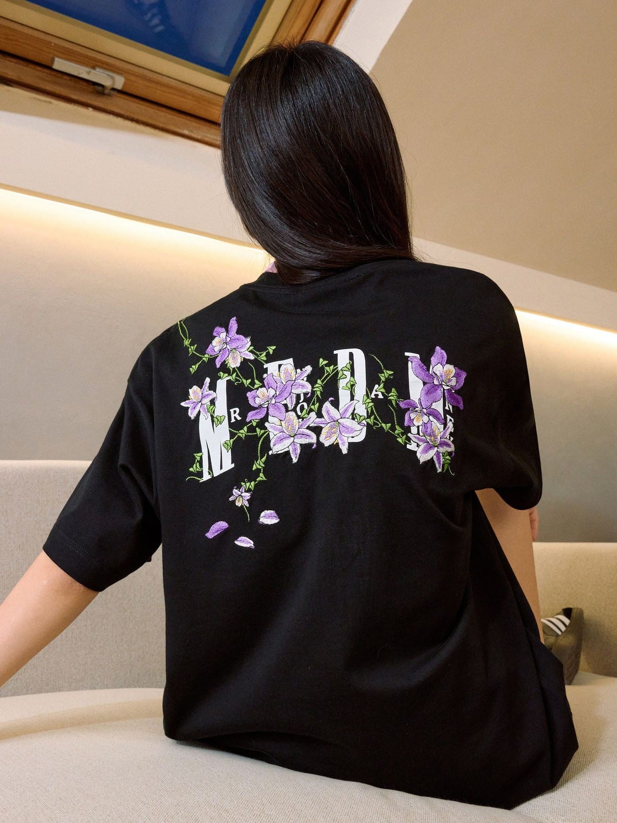 MEDM Floral Vine Embroidered T Shirt in Black - On Model