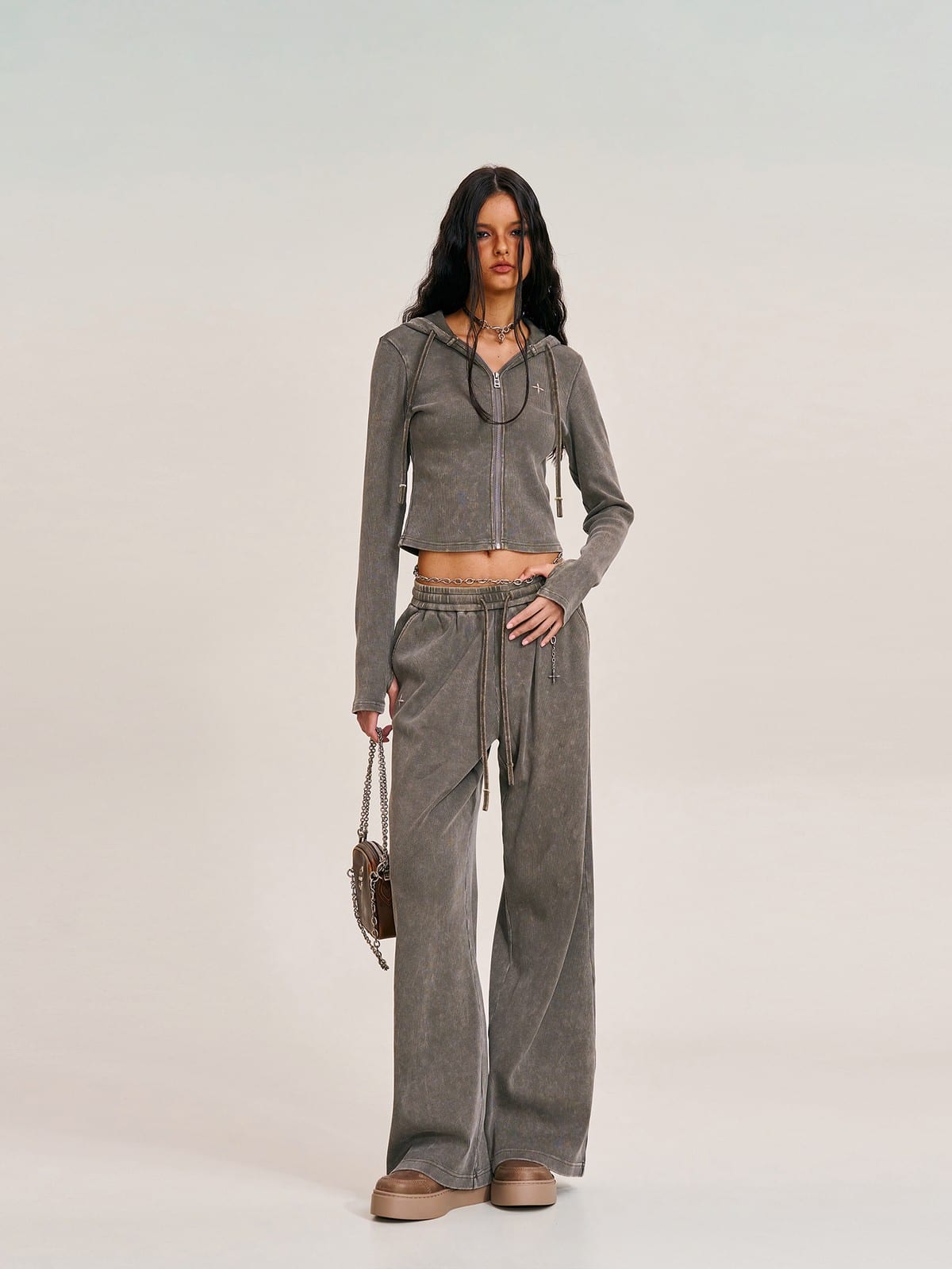 SMFK Washed Ribbed Zip Up Hoodie in Gray - On Female Model