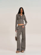 SMFK Washed Ribbed Zip Up Hoodie in Gray - On Female Model