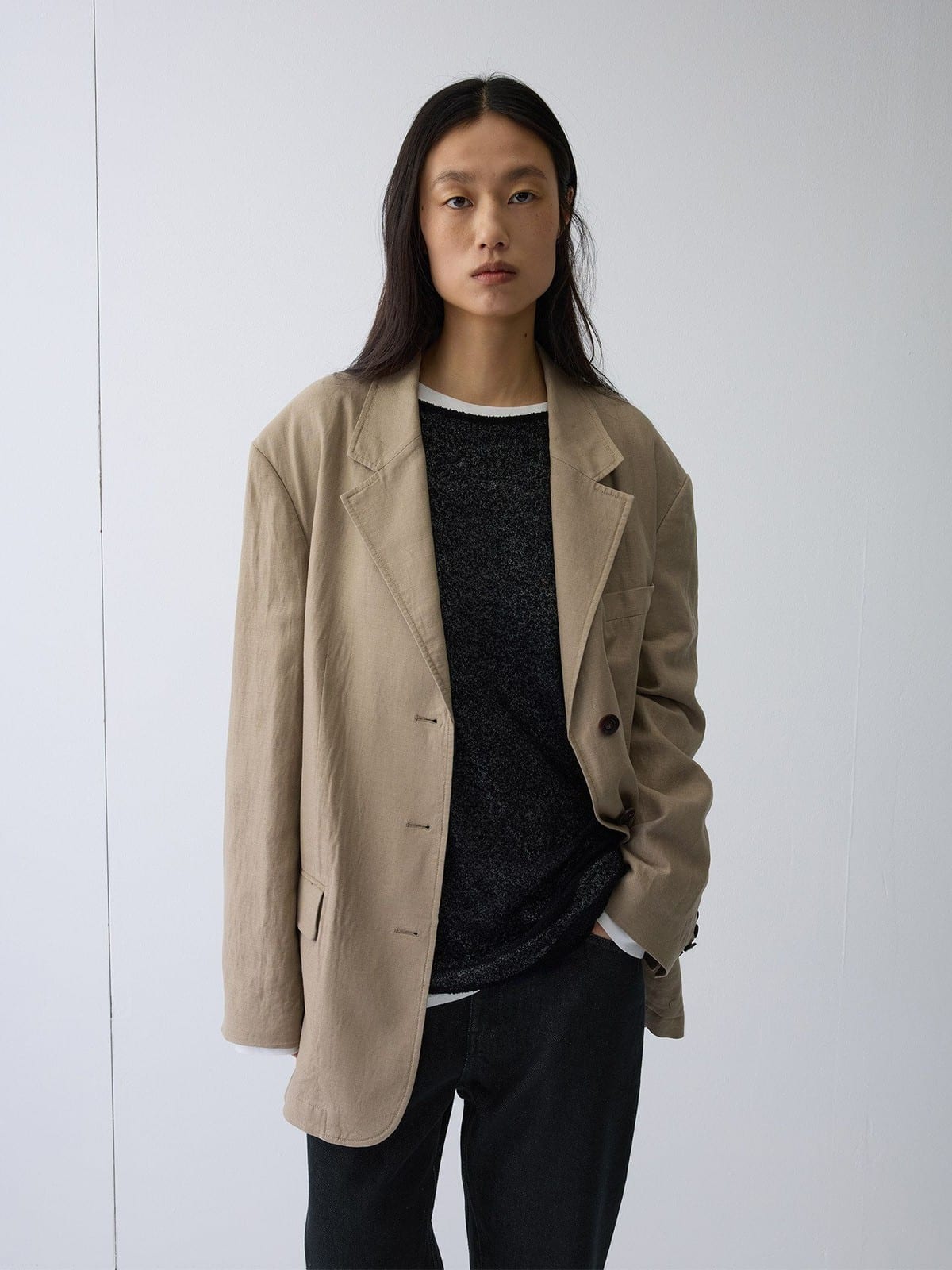Random Piece Drop Shoulder Cotton Linen Blazer in Beige - On Female Model