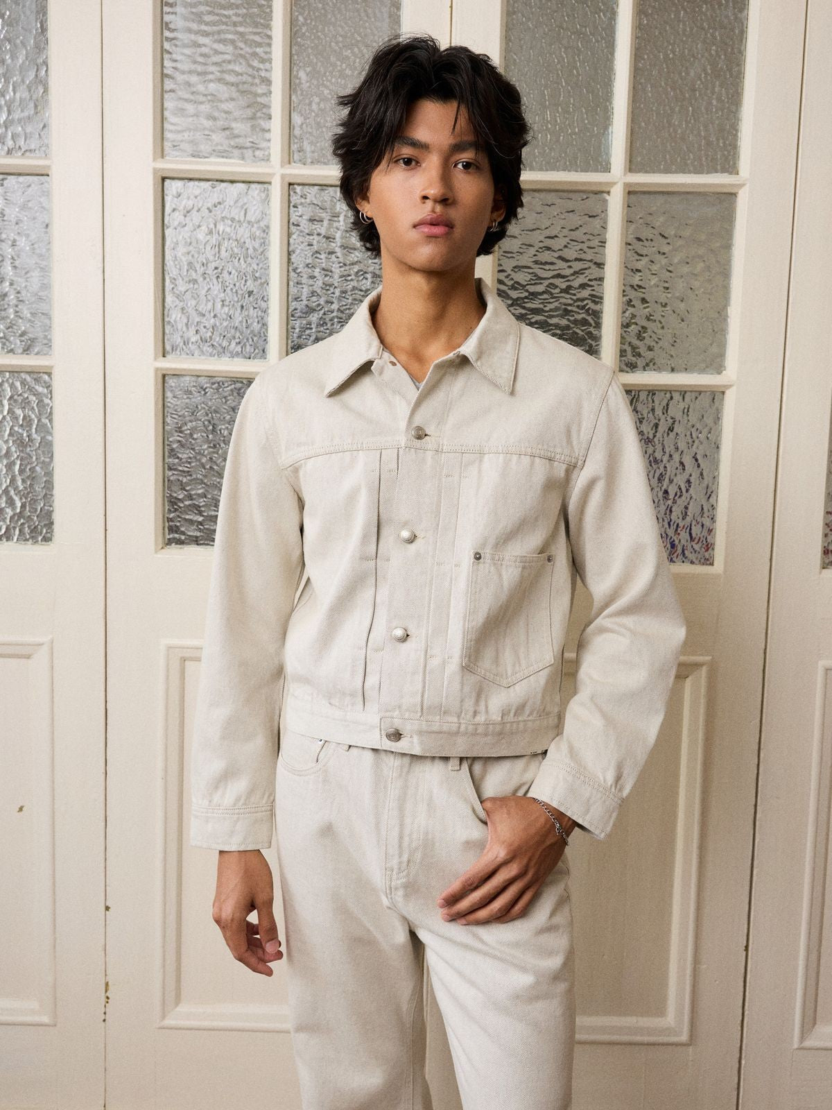 Retro 21 Khaki Type 1 Denim Jacket in Khaki - On Male Model