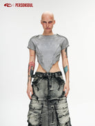 PERSONSOUL Deconstructed V Hem Crop T Shirt in Gray - On Female Model