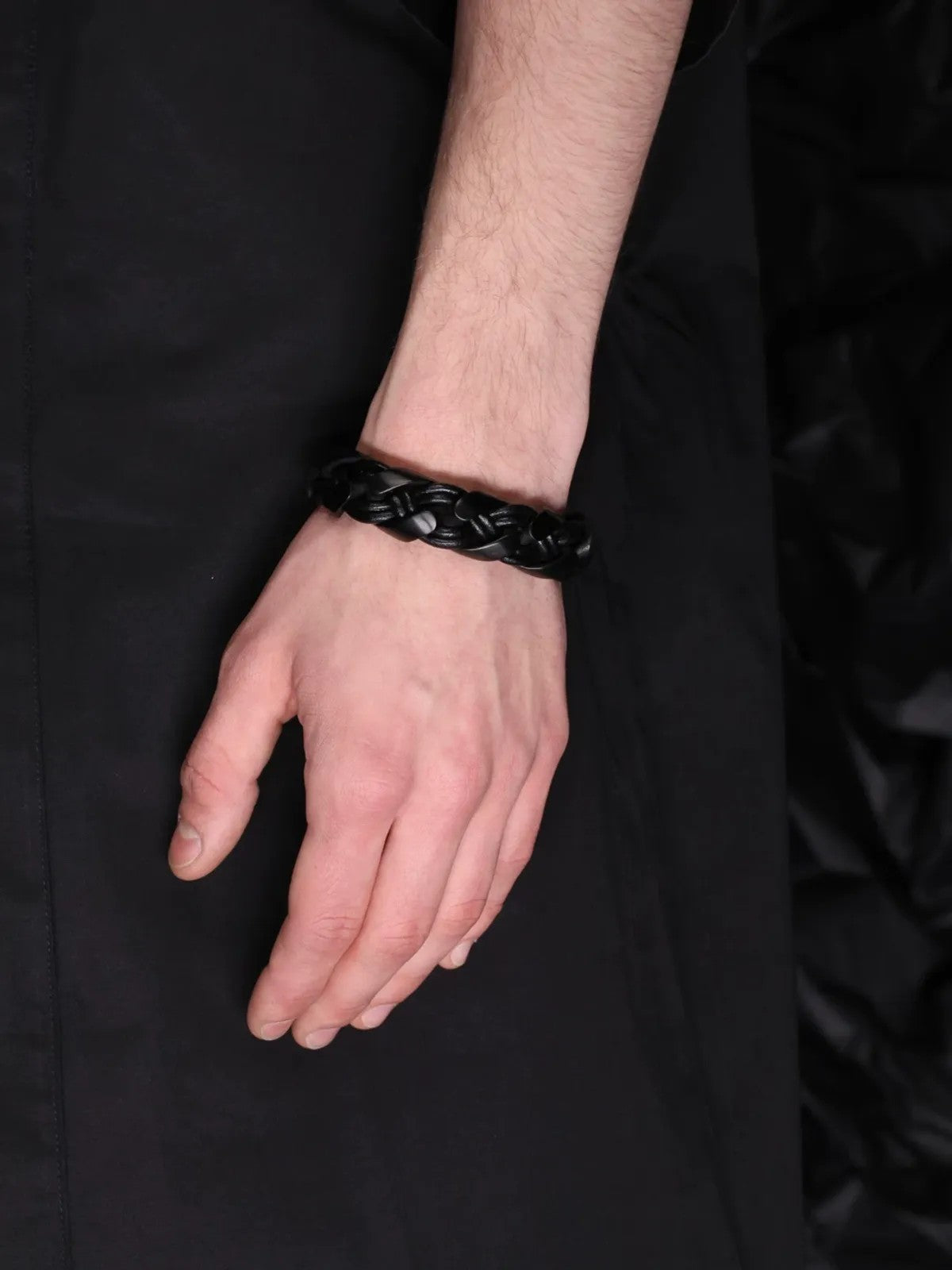 BLACKHEAD Braided Cowhide Steel Bracelet in Black - On Male Model