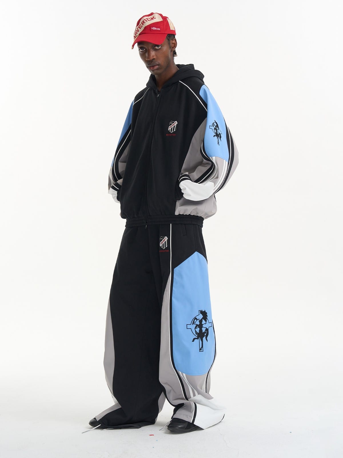 BLINDNOPLAN Color Block Paneled Wide Leg Pants in Black - On Male Model