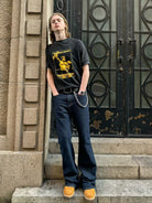 VLABMADE Contrast Stitch Raw Denim Jeans in Blue - On Male Model