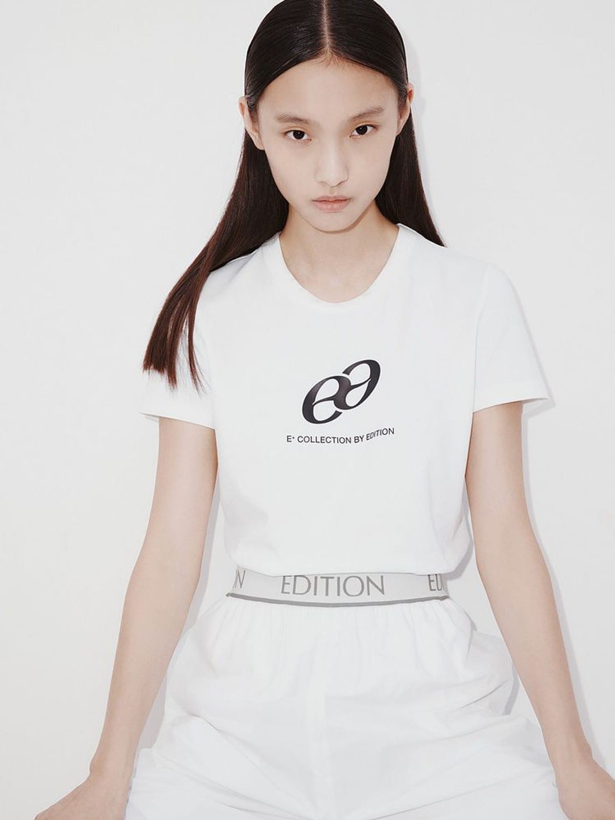 EDITION Logo Print Cotton T Shirt in White - On Female Model