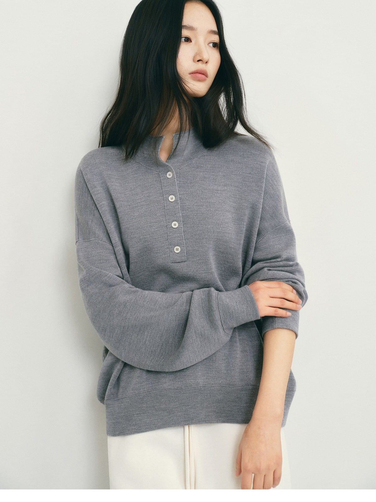 TEASEL Worsted Wool Henley Sweatshirt in Gray - On Female Model