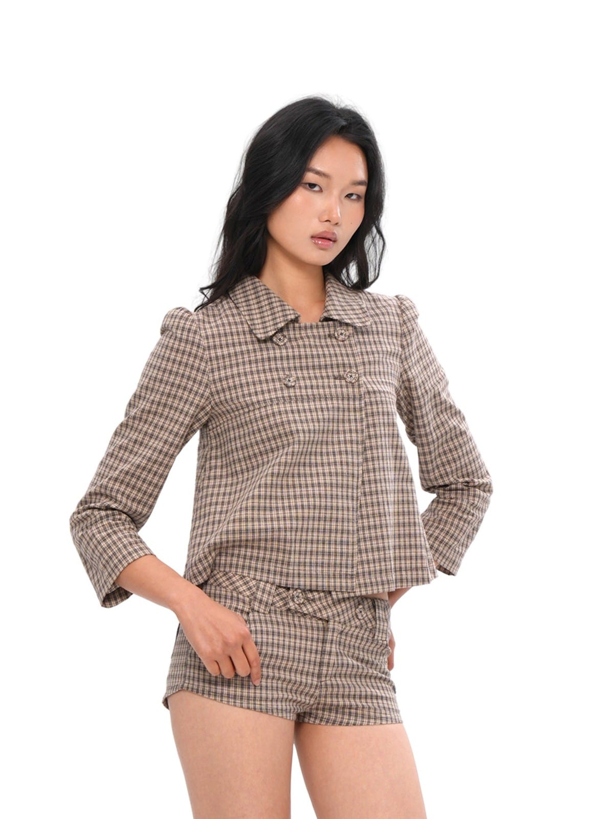 SweetChilling Brown Plaid Cotton Shorts in Brown - On Female Model