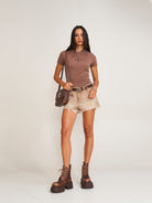 SMFK Cross Graphic Short Sleeve T Shirt in Brown - On Female Model