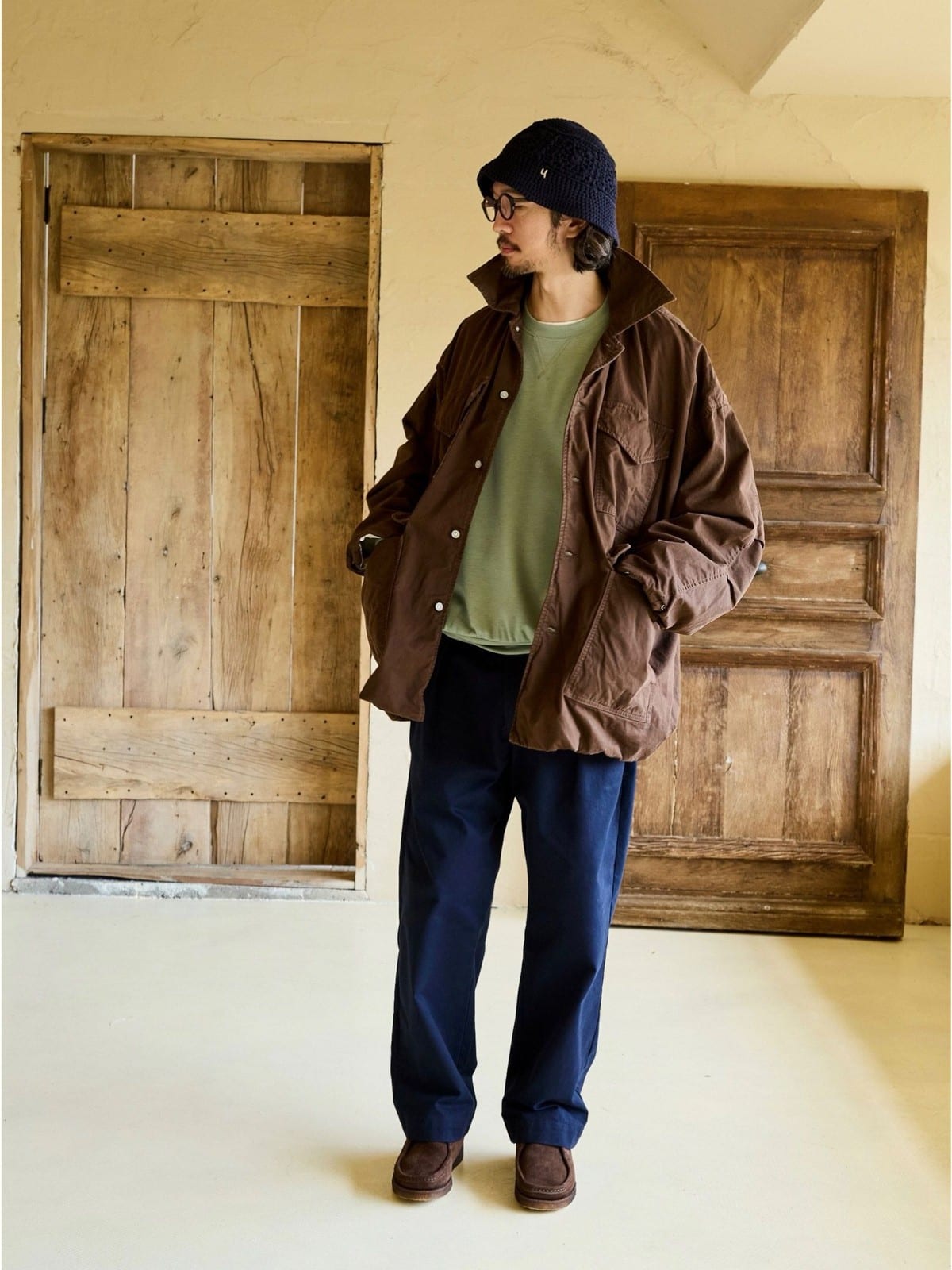 USAGE Washed Cotton Twill M65 Jacket in Brown - On Male Model