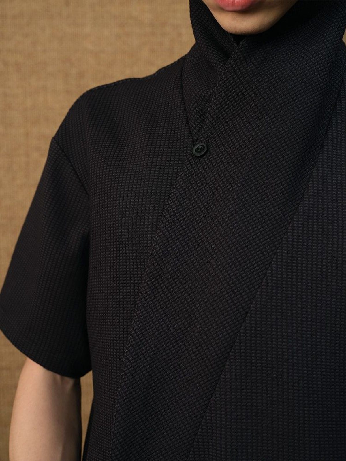 JCAESAR STUDIO Jacquard Shawl Collar Short Sleeve Shirt in Black - On Male Model
