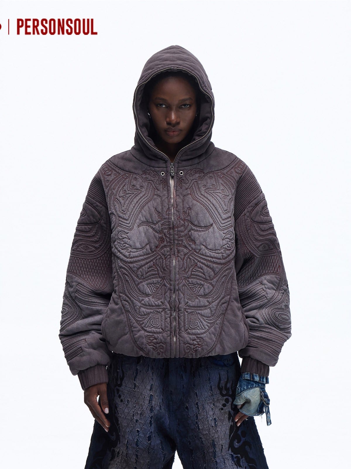 PERSONSOUL Totem Embroidered Distressed Hoodie in Gray - On Female Model