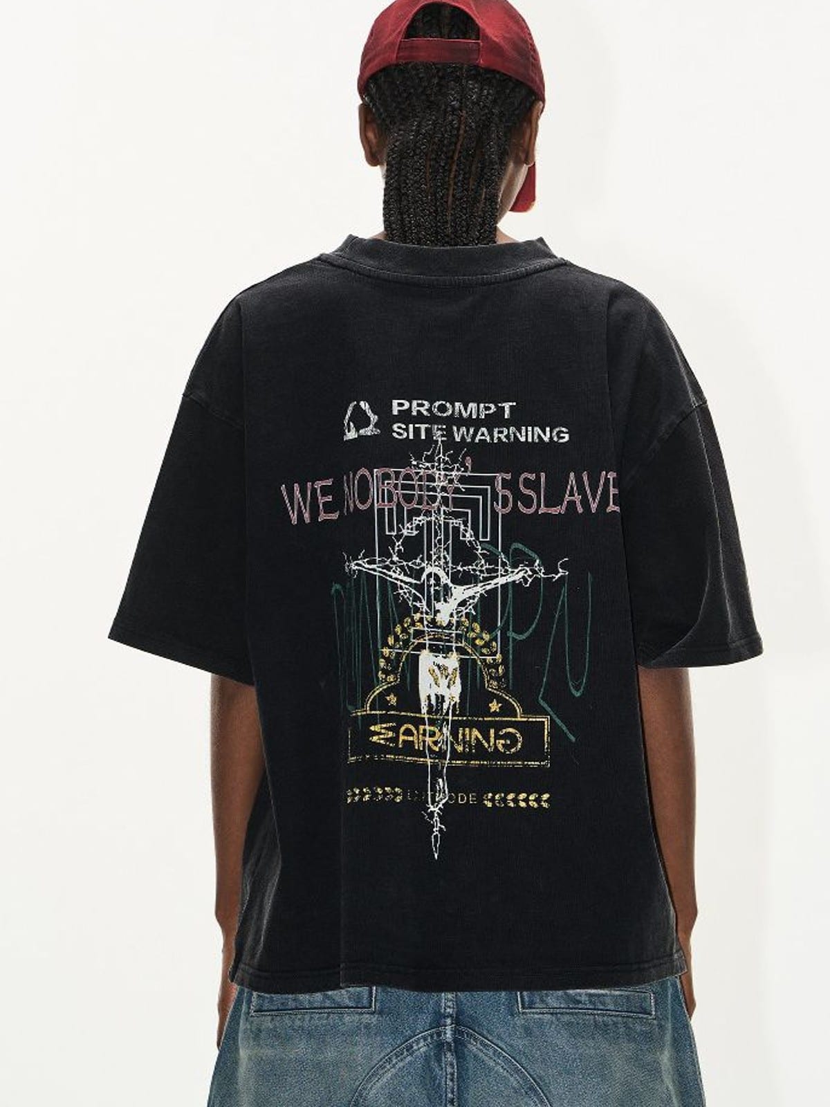 BLINDNOPLAN Distressed Overlapping Graphic T Shirt in Black - On Model