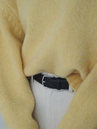 PANLULUPAN Vegetable Tanned Leather Silver Buckle Belt in Black - On Model