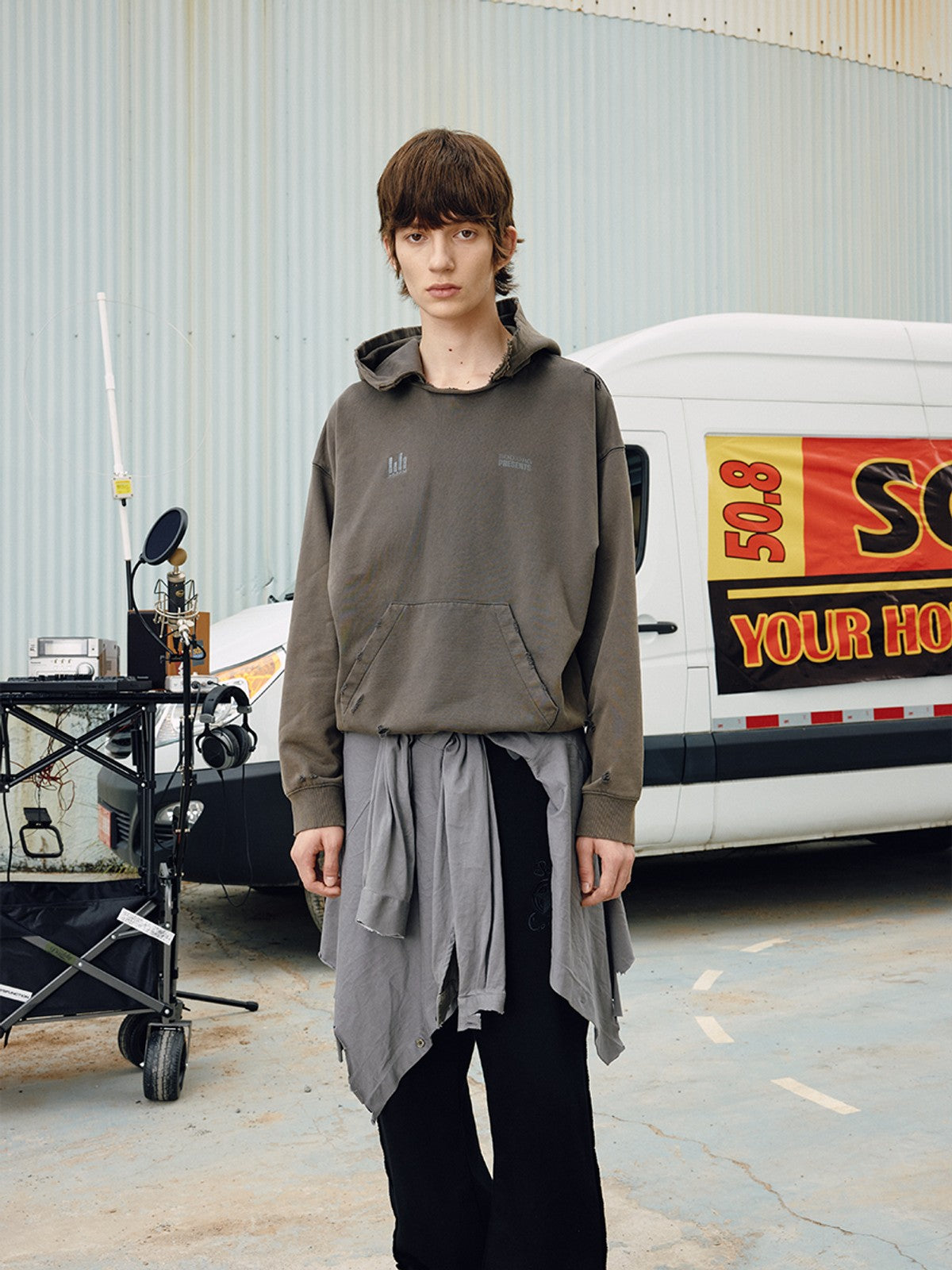 SOD Heavy Washed Distressed Hoodie in Green - On Male Model