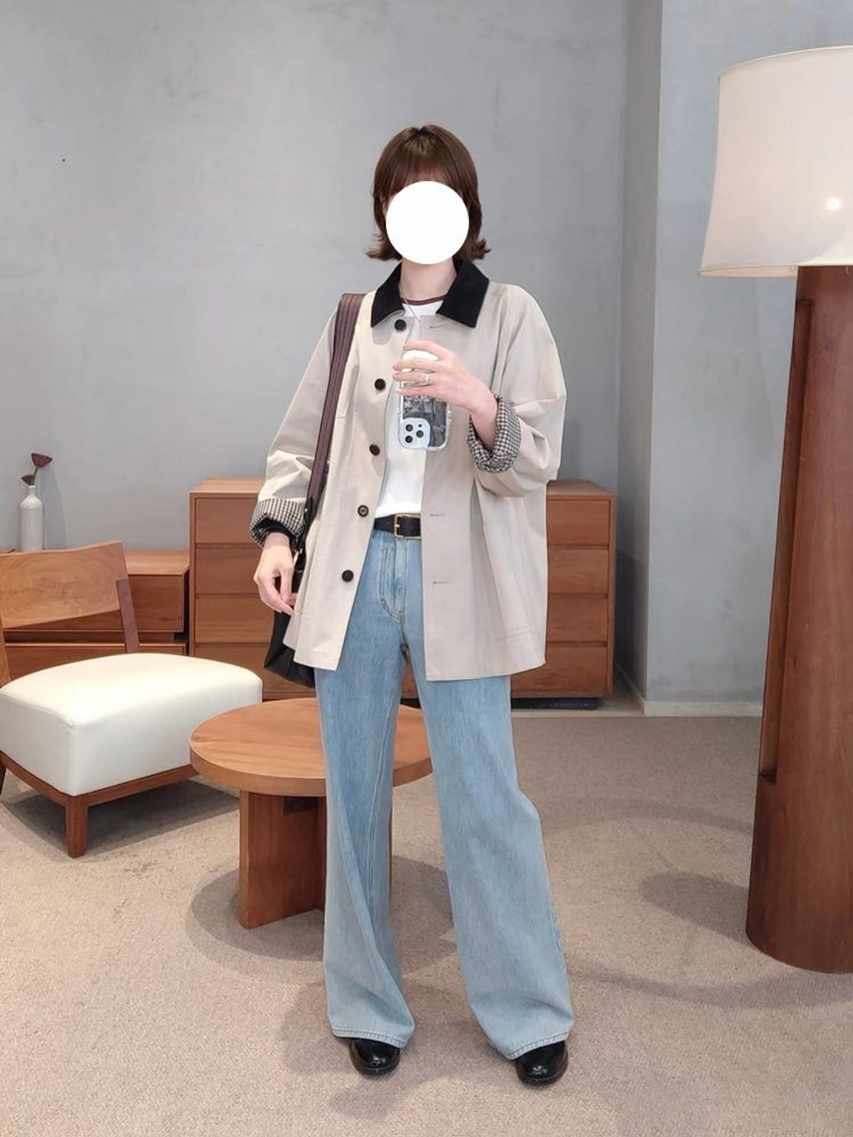 Venus Contrast Collar Cotton Barn Jacket in Beige - On Female Model