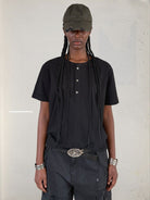 UNKNOWNWORLD Distressed Cotton Henley T Shirt in Black - On Female Model