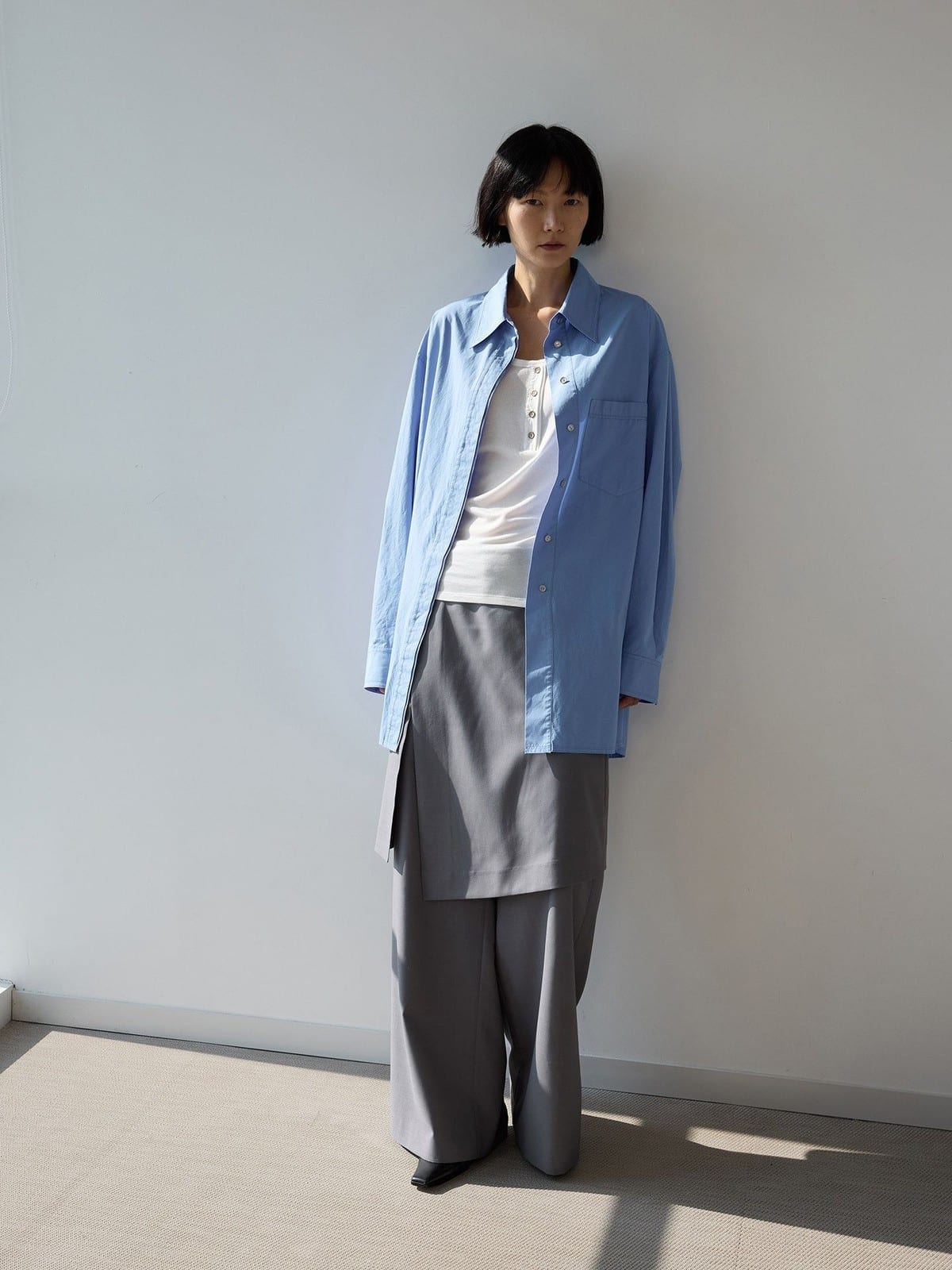 Random Piece Oversized Cotton Button Down Shirt in Sky Blue - On Female Model