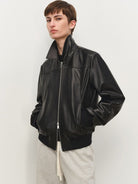 MSBEAST Top Grain Sheepskin Collared Bomber in Black - On Female Model
