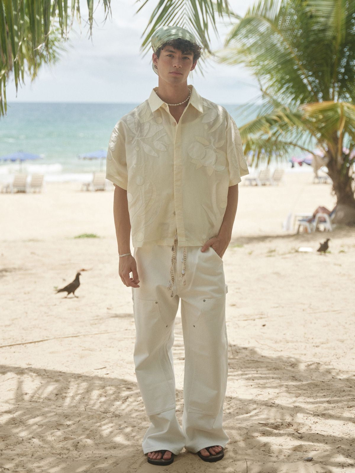 Retro 21 Appliqu Lyocell Camp Shirt in White - On Male Model