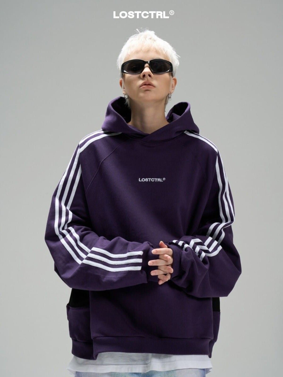 LOSTCTRL Three Stripe Cotton Hoodie in Purple - On Model