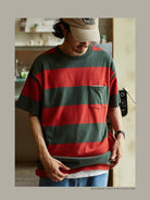 USAGE Wide Striped Cotton Pocket T Shirt in Green - On Male Model
