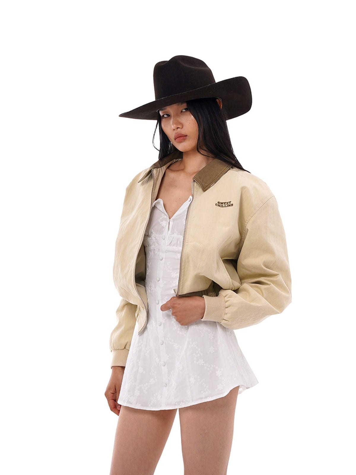 SweetChilling Contrast Collar Harrington Jacket in Beige - On Female Model