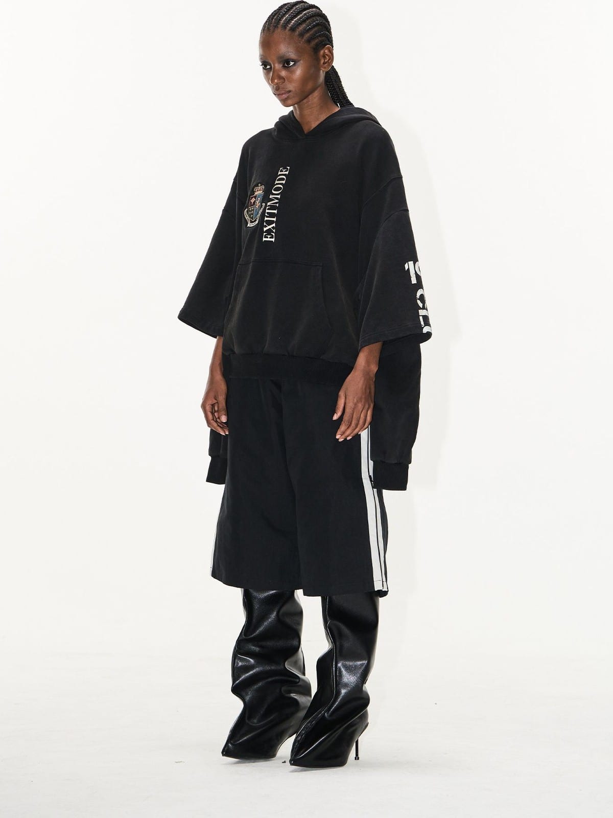 BLINDNOPLAN Distressed Embroidered Cotton Hoodie in Black - On Female Model