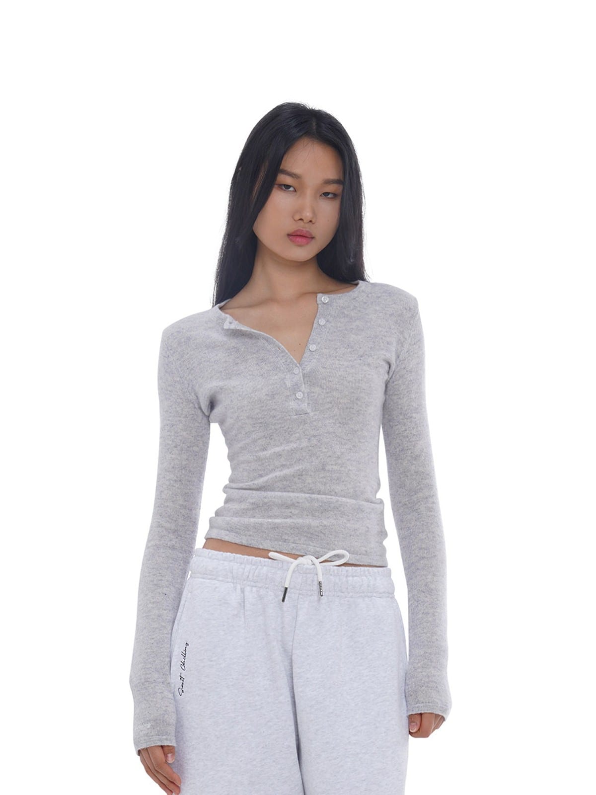 SweetChilling Wool Waist Cinching Sweater in Gray - On Female Model