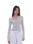SweetChilling Wool Waist Cinching Sweater in Gray - On Female Model