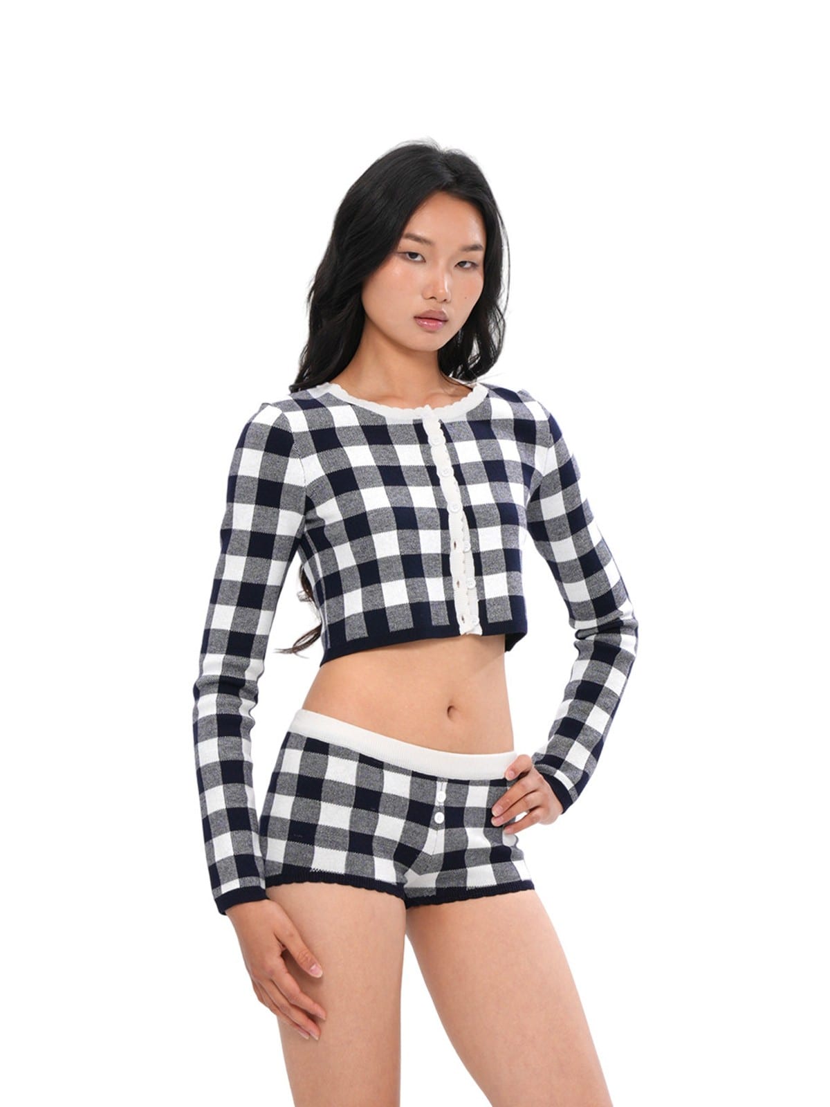SweetChilling Plaid Wool Blend Knit Shorts in Line Skirt and Shorts - On Female Model