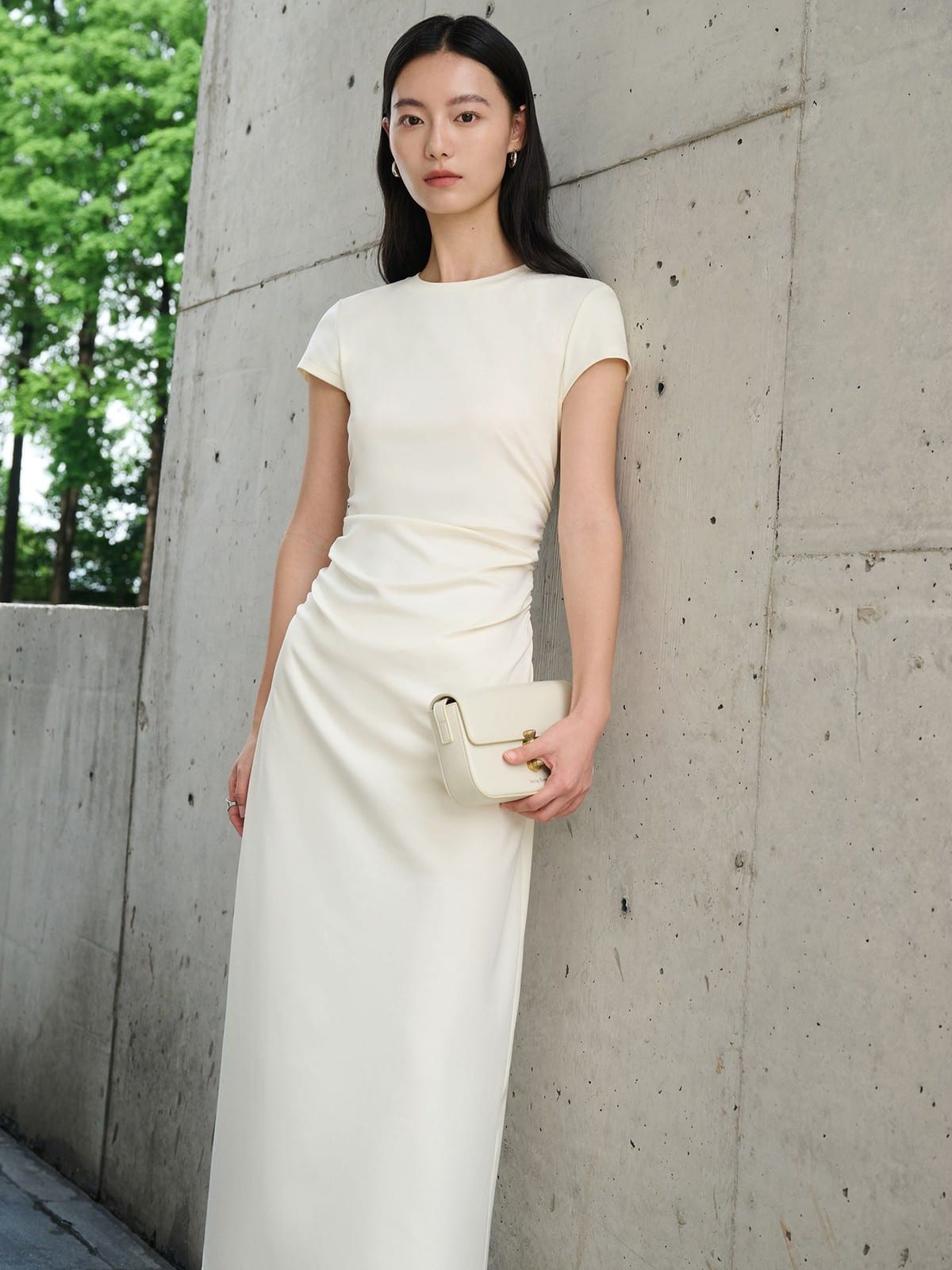 TEASEL Ruched Cotton Blend Knit Dress in Cream - On Female Model