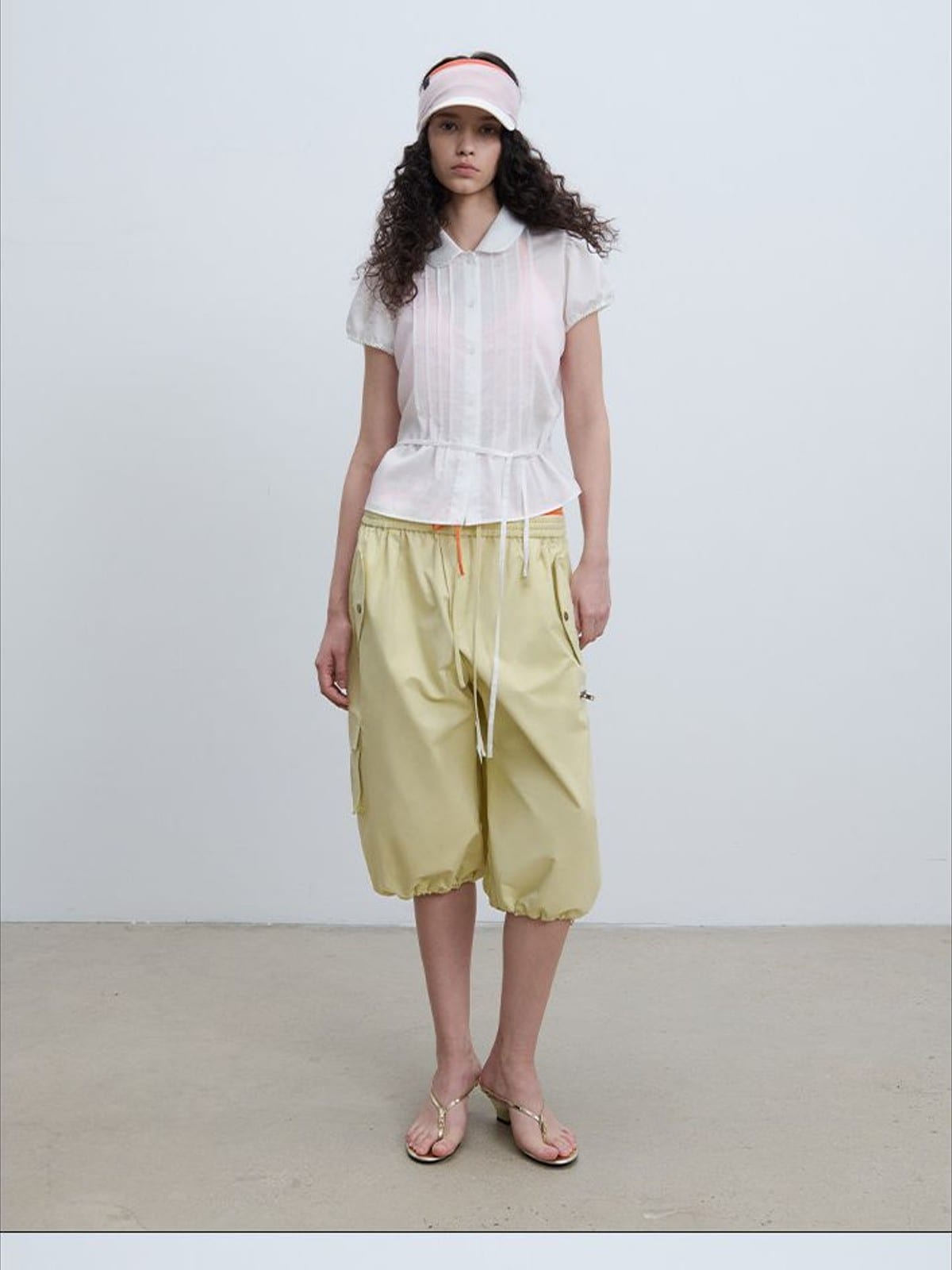 RARELY ALIKE Peter Pan Collar Tie Front Shirt in White - On Female Model