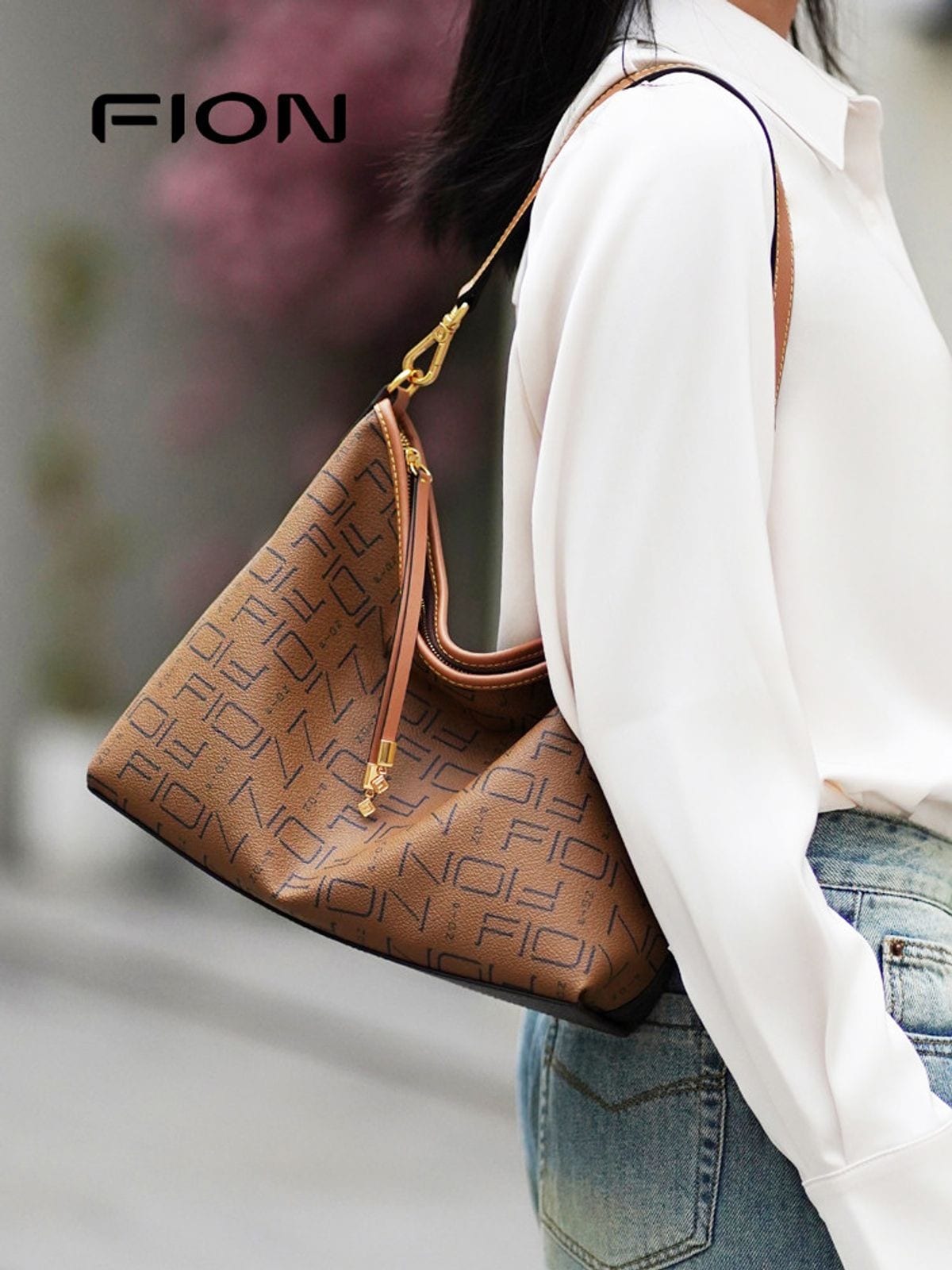 FION Monogram Coated Canvas Hobo Bag in Dark Brown - On Female Model