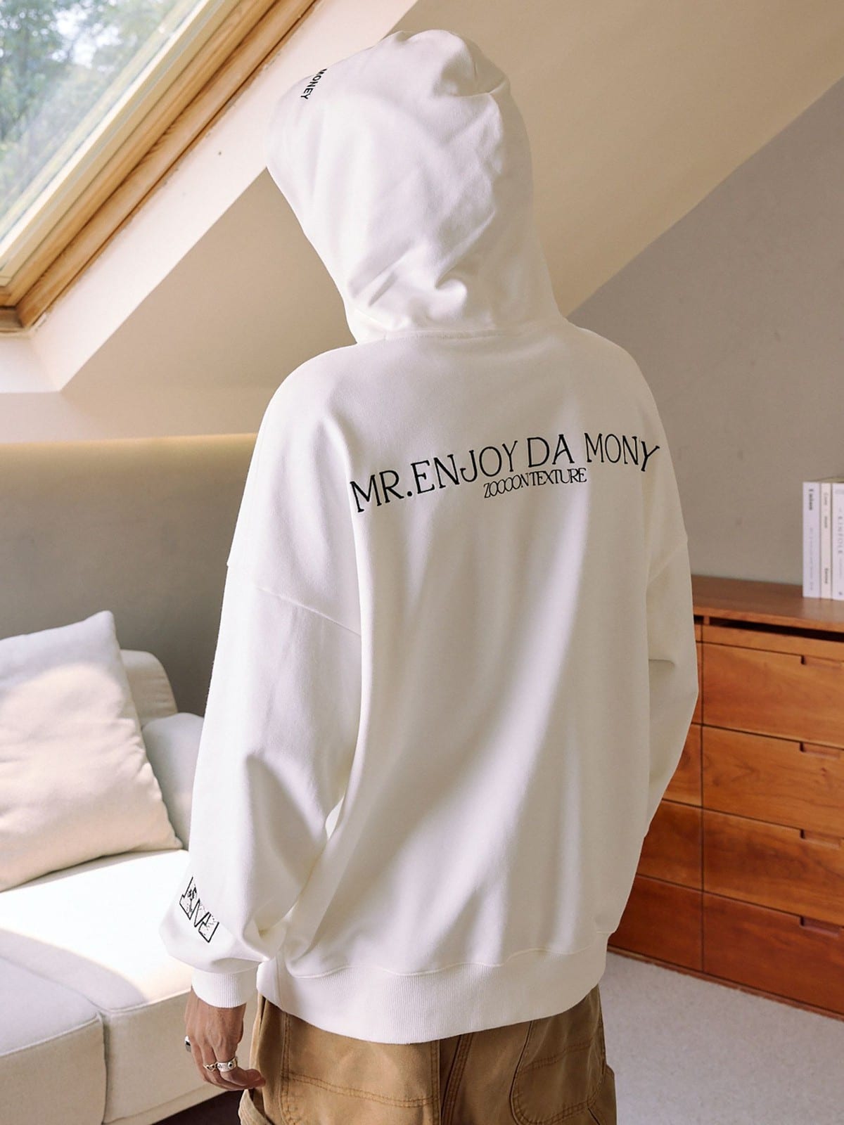 MEDM Animal Print Logo Pullover Hoodie in White - On Model