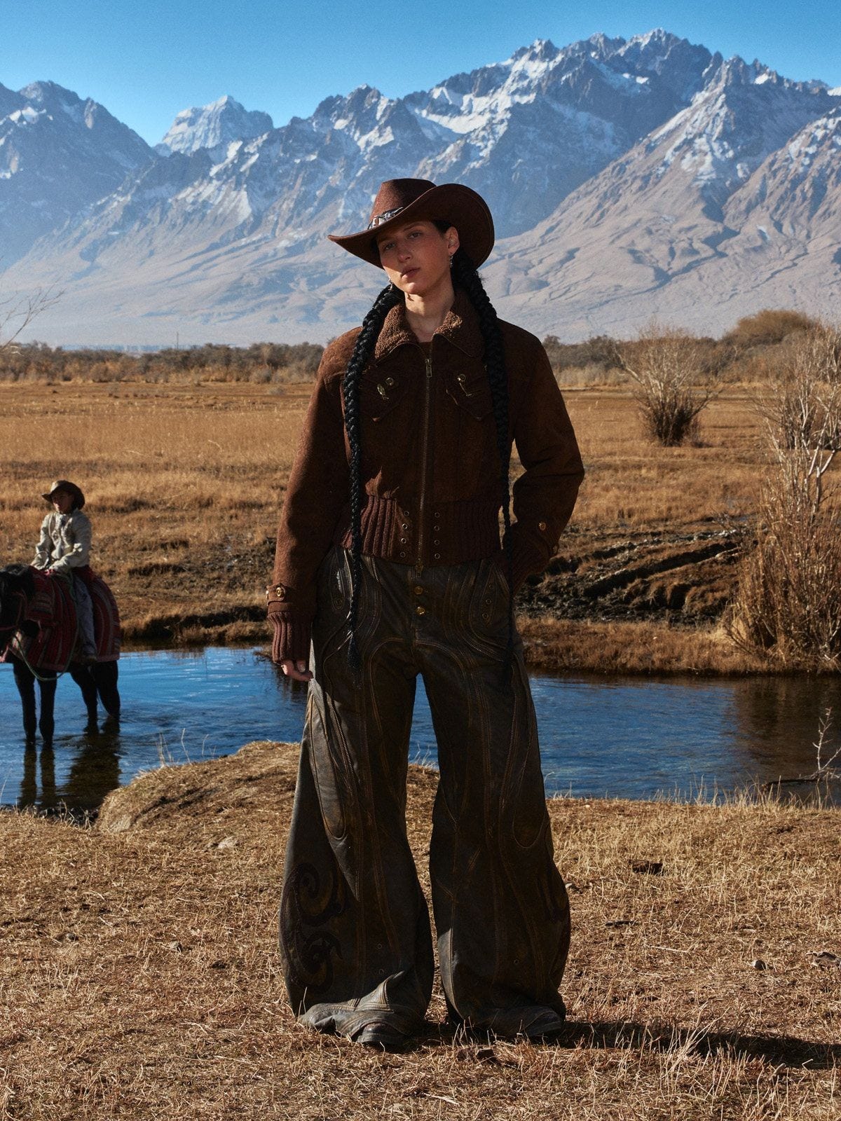 PERSONSOUL Wide Leg Rubbed Calfskin Trousers in Brown - On Female Model