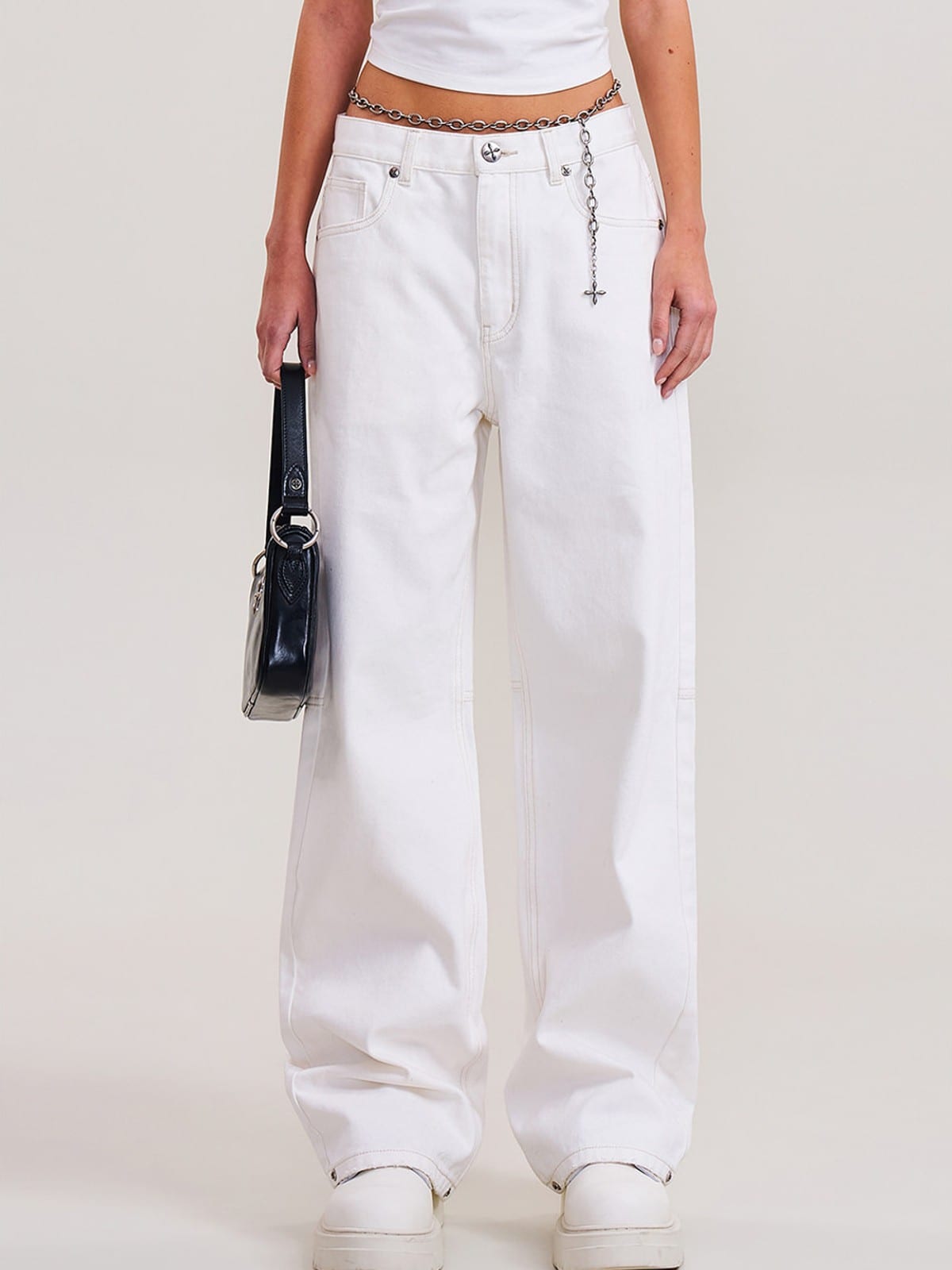 SMFK Washed Wide Leg Denim Jeans in White - On Female Model