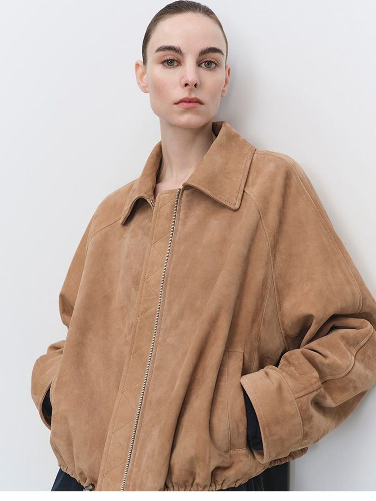 MSBEAST Cropped Leather Drawstring Jacket in Beige - On Female Model