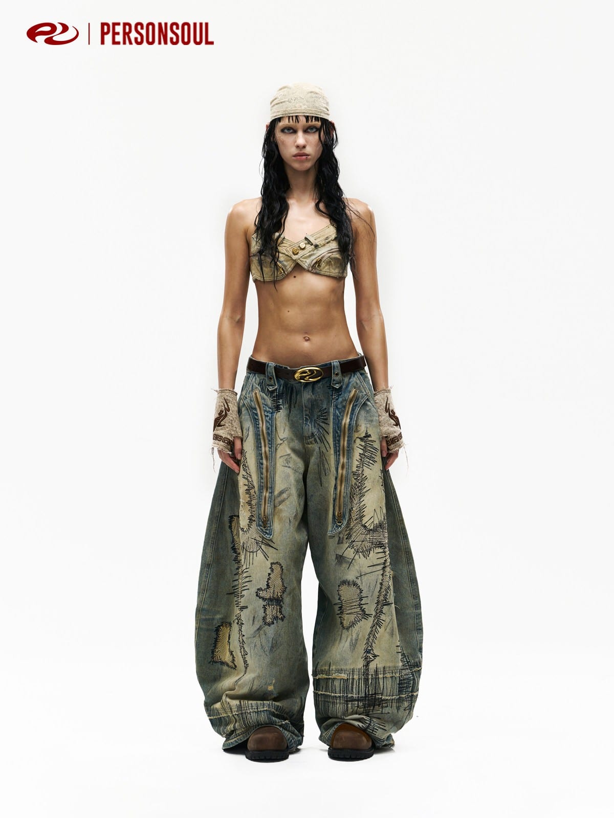 PERSONSOUL Stained Wash Embroidered Curved Jeans in Denim - On Female Model