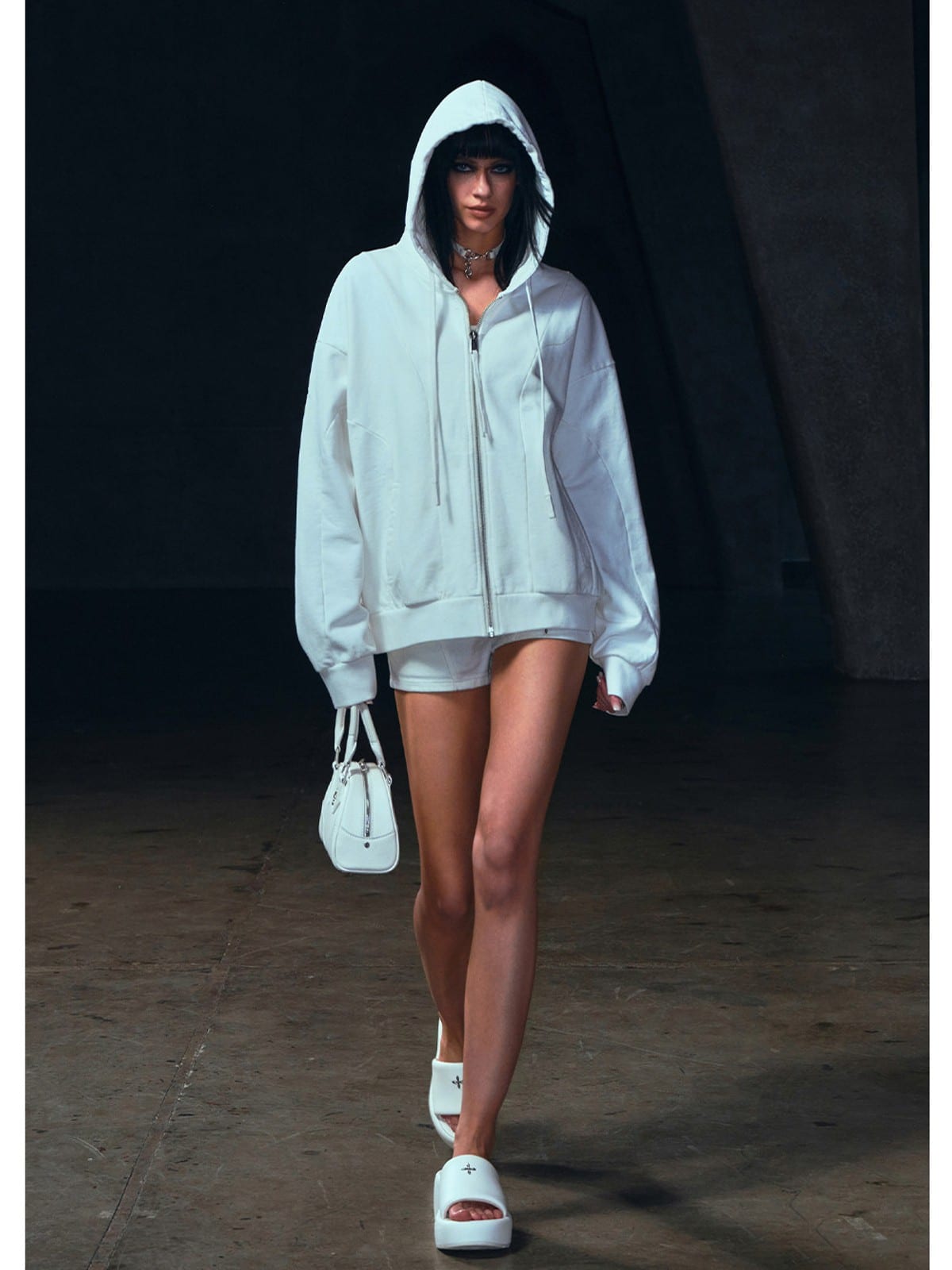 SMFK Oversized Zip Up Cotton Hoodie in Gray - On Female Model