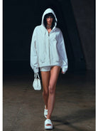 SMFK Oversized Zip Up Cotton Hoodie in Gray - On Female Model