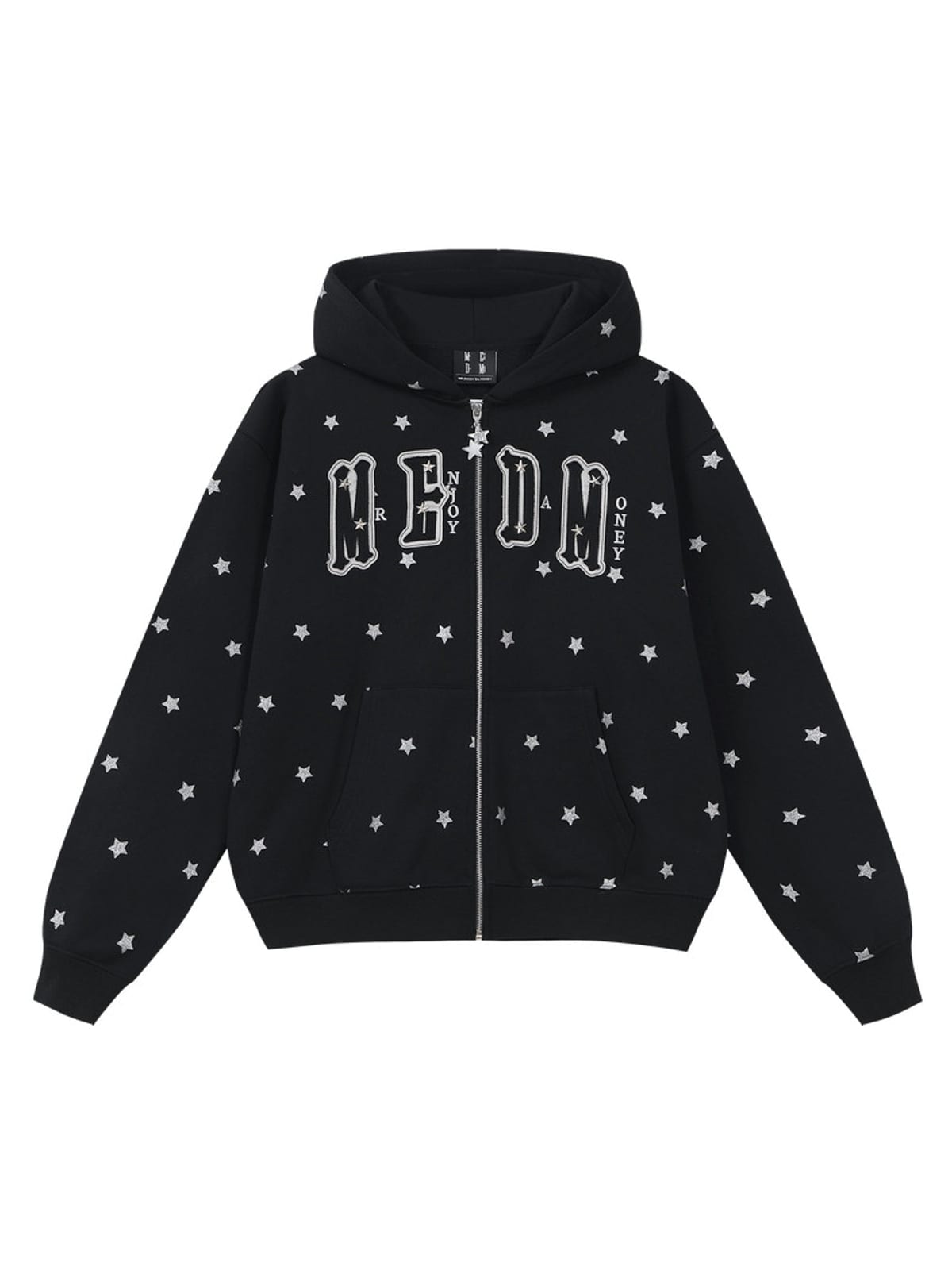 MEDM Fleece Lined Star Print Zip Hoodie in Black