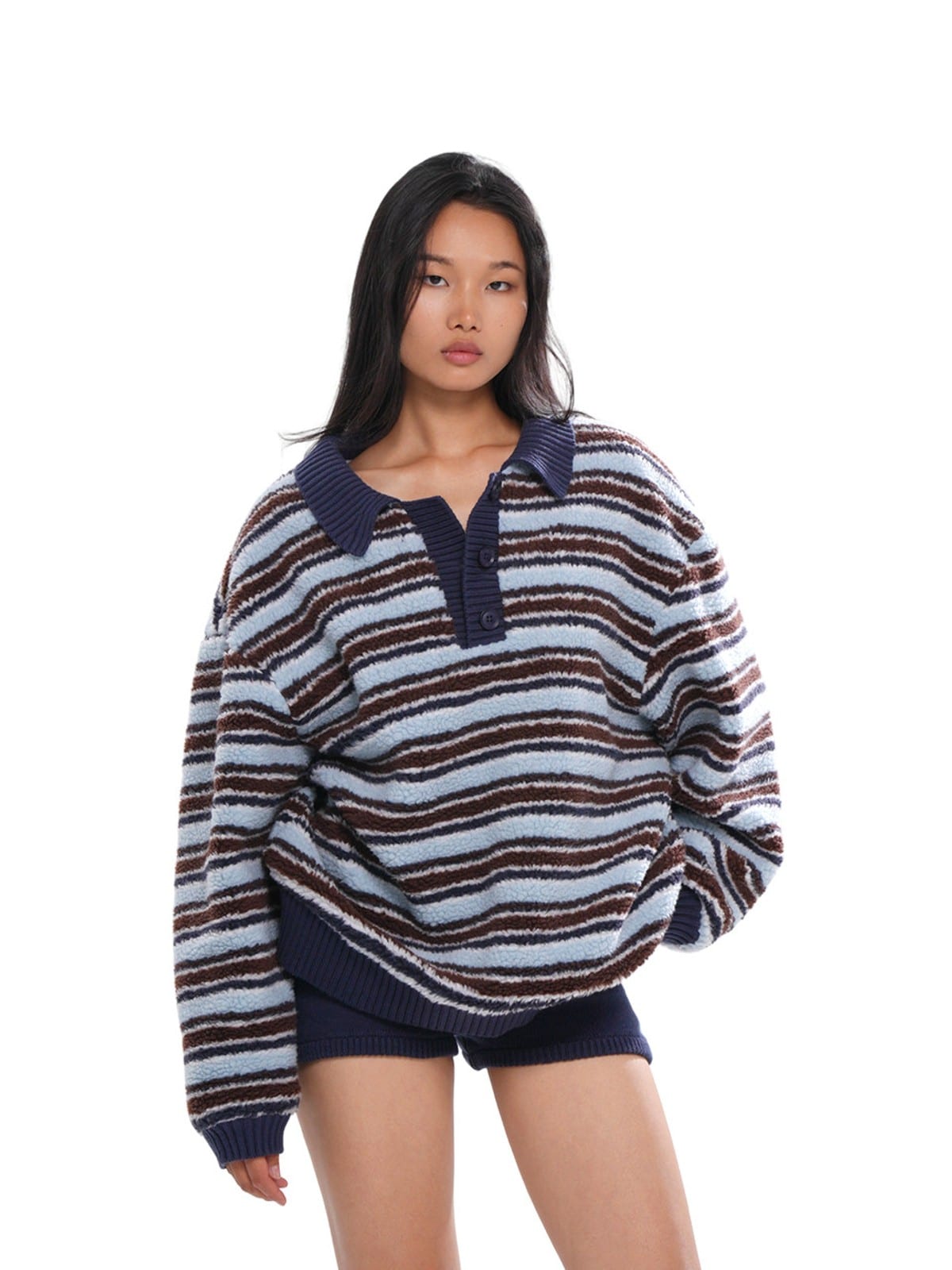 SweetChilling Striped Polar Fleece Polo Pullover in Blue - On Female Model