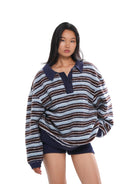 SweetChilling Striped Polar Fleece Polo Pullover in Blue - On Female Model