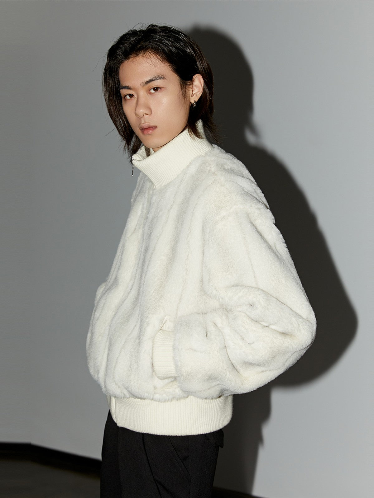 Y OFFICIAL Short Faux Fur Jacket in White - On Male Model
